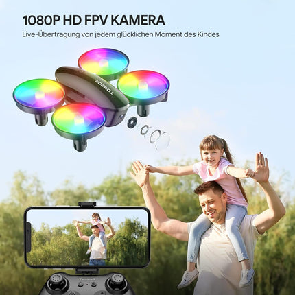 Mini drons ar kameru HD 1080P bērniem iesācējiem, TOMZON RC kvadrokopters ar krāsainām gaismas diodēm, ilgs lidojuma laiks, 360° propelleru aizsardzība/metiens/3D apgrieziens/, helikoptera tālvadības rotaļu drons iekštelpām