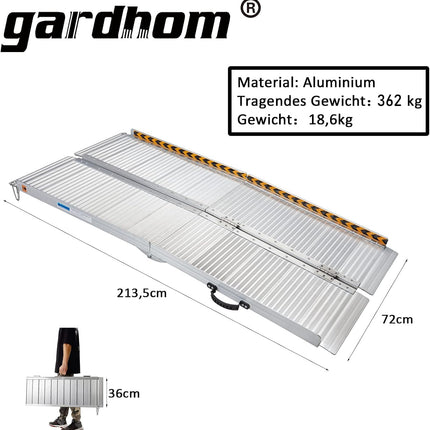 Salokāma ratiņkrēslu rampa, Gardhom ratiņkrēslu rampa kāpnēm 214 cm, kravnesība 362 kg, neslīdoša, īpaši plata 72 cm sliekšņa rampa mājas kāpnēm un durvīm