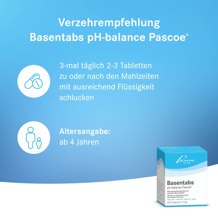 Basentabs pH-balance Pascoe - 200 sārmainas tabletes ar augstu skābes saistīšanas spēju - Organisma atskābināšanai - Ar magniju, kalciju un cinku - Skābju-bāzes līdzsvaram