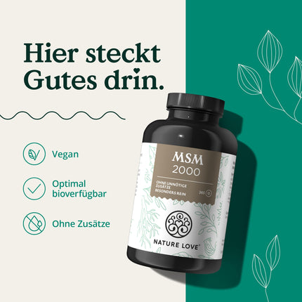 NATURE LOVE® MSM 2000 mg ar C vitamīnu - 365 laboratoriski pārbaudītas tabletes - Kompaktāks MSM pulveris nekā kapsulās - Bez piedevām, augsta deva, vegāns, ražots Vācijā