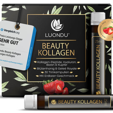 Luondu Beauty kolagēna dzeršanas ampulas ar hialuronskābi (30 ampulas ar 2500 mg augstākās kvalitātes šķidrā kolagēna) | Pretnovecošanās* Dzerams | Ar biotīnu, varu un C vitamīnu, ziedu medu un peru pieniņu