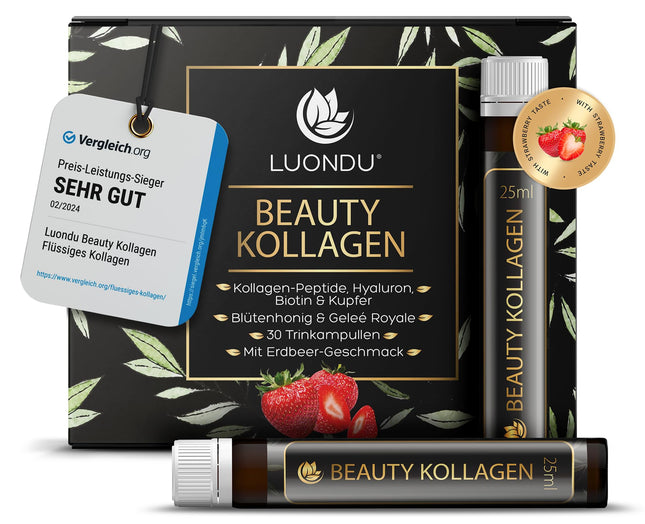 Luondu Beauty kolagēna dzeršanas ampulas ar hialuronskābi (30 ampulas ar 2500 mg augstākās kvalitātes šķidrā kolagēna) | Pretnovecošanās* Dzerams | Ar biotīnu, varu un C vitamīnu, ziedu medu un peru pieniņu
