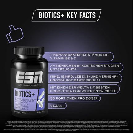 ESN Biotics+, 30 kapsulas, 450 miljardi CFU iepakojumā, augsta deva, ar B2 un D vitamīniem, tikai 1 kapsula dienā, vegāns