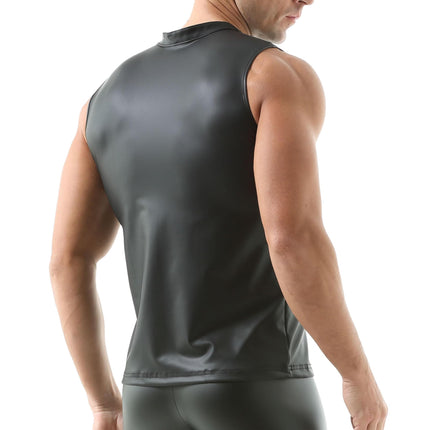 Lateksa krekli Vīriešu topi Līdzīgi lateksa vīriešu topi Vīriešu lateksa T-krekls Melns vīriešiem Seksīgas matētas ādas vestes bez piedurknēm Vīriešu mitrā izskata ķermeņa ādas krekli Lakādas erotiskie krekli Topi vīriešiem