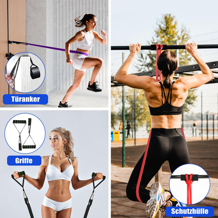 Fokky Fitness Bands pretestības lentu komplekts ar 4 līmeņiem, pretestības lentes ar durvju enkuru, rokturi, aizsargapvalks, pārnēsāšanas soma un treniņu instrukcijas, pievilkšanās lentes stiepšanās/jogas/pievilkšanās/spēka treniņiem