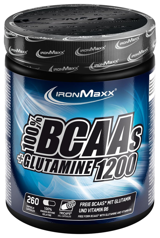 IronMaxx BCAA + Glutamīns - 1200 (260 trikapsulas) | BCAA kapsulas, bez cukura un konservantiem | Augstas devas aminoskābju kapsulas, ieskaitot visas sazarotās ķēdes aminoskābes (BCAA) un L-glutamīnu