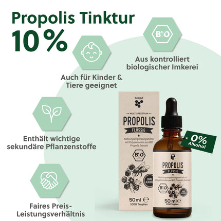 beegut ORGANISKĀS propolisa pilieni šķidrumā bez spirta, 50 ml ūdenī šķīstoša tinktūra ar ORGANISKĀS propolisa ekstraktu, standartizēta kvalitāte, ilgtspējīgs iepakojums (50 ml)