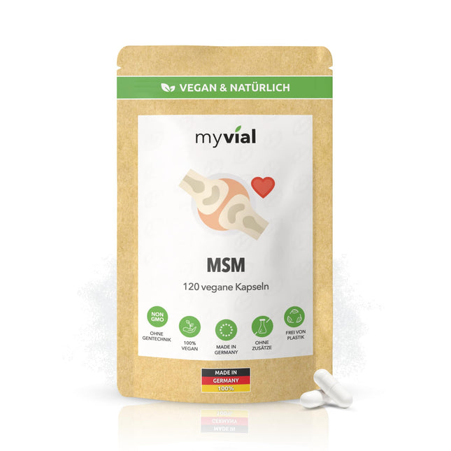 MSM kapsulas ar augstu devu 120 gab. – 800 mg metilsulfonilmetāna + organisks acerolas pulveris – vegāns – bez piedevām – bez plastmasas – ražots Vācijā – dabīgs sērs