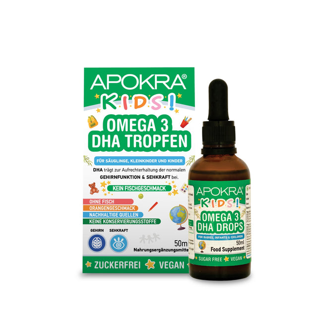 Omega 3 vegāns – bez zivju garšas – vegāna Omega 3 eļļa zīdaiņiem, maziem bērniem un bērniem – ilgtspējīga aļģu eļļa, alternatīva zivju eļļai – 50 ml | APOKRA Kids Vegan Omega 3 aļģu eļļa