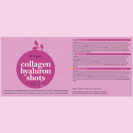 Divique kolagēna dzeršanas ampulas ar hialuronskābi (30 gab.) - 4000 mg kolagēna + 100 mg hialuronskābes - ar C vitamīnu, biotīnu, cinku, varu, selēnu - saldinātas ar ziedu medu un stēviju - zemeņu garša