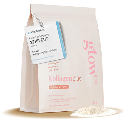 Glow25® Collagen Plus [450 g] - kolagēna hidrolizāts ar C vitamīnu, cinku un biotīnu - 1. un 3. tipa peptīdi - laba šķīdība - neitrāls