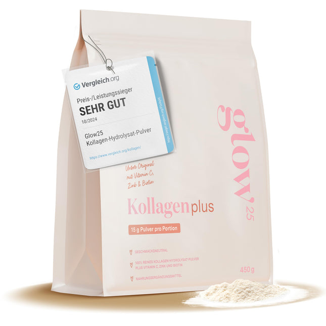 Glow25® Collagen Plus [450 g] - kolagēna hidrolizāts ar C vitamīnu, cinku un biotīnu - 1. un 3. tipa peptīdi - laba šķīdība - neitrāls