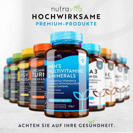 Multivitamīni un minerālvielas vīriešiem - 25 svarīgi aktīvi vitamīni un minerālvielas ar makas sakni un Panax žeņšeņu - 180 vegānu multivitamīnu tabletes - augsta deva - Nutravita