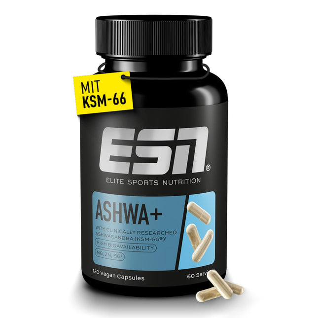ESN Ashwa +, patentēts ašvagandas saknes ekstrakts KSM-66®, 120 kapsulas, Indijas pasiflora, ar magniju, B6 vitamīnu un cinku, vegāns (iepakojums var atšķirties)