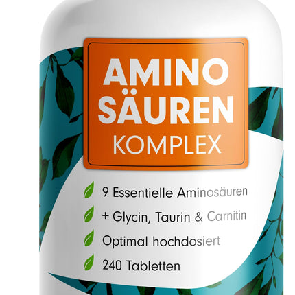 Augstas devas aminoskābju komplekss - 240 tabletes - 6000 mg aminoskābju dienā - 9 neaizvietojamās aminoskābes + 3 kofaktori: taurīns, karnitīns un glicīns - laboratoriski pārbaudīts ar sertifikātu - 100% vegāns