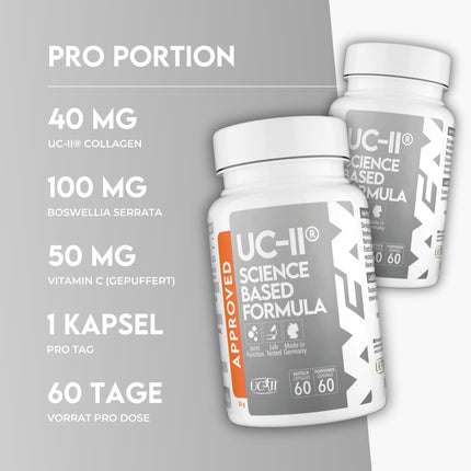 WFN apstiprināts UC-II - nedenaturēts 2. tipa kolagēns, augsta deva - 60 kapsulas - locītavu komplekss ar UC II kolagēnu, C vitamīnu un Boswellia Serrata - ražots Vācijā - ārēji laboratorijā pārbaudīts