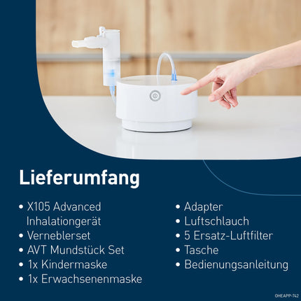 OMRON X105 uzlabots universāls inhalators bērniem un pieaugušajiem, “Good” Stiftung Warentest 12/24, jaudīgs inhalators akūtu un hronisku elpceļu slimību ārstēšanai; augstas kvalitātes aksesuāri