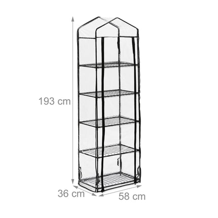 Relaxdays balkona siltumnīca, augstums x platums x dziļums: 193 x 58 x 36 cm, 5 līmeņi, dzelzs un PVC plēve, caurspīdīga/melna