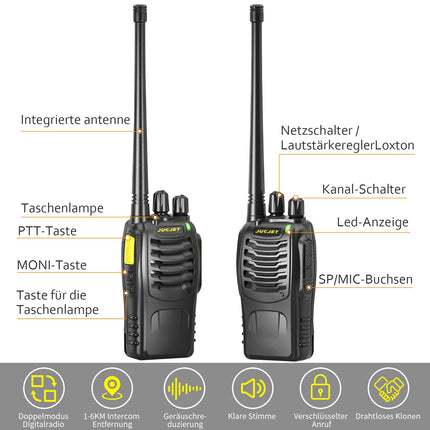 JUCJET (2 rāciju komplekts) 888HD rācijas, ieskaitot oriģinālās austiņas, C tipa datu kabeli, USB uzlādes staciju, ar savienošanu pārī ar vienu klikšķi, runas trokšņu samazināšanu un digitālo šifrēšanu
