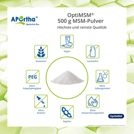 APOrtha® OptiMSM® MSM pulveris, 500 g vegāns pulveris, 99,9% tīrs metilsulfonilmetāns bez jebkādām piedevām, 1000 mg OptiMSM® MSM vienā porcijā, vegāns, bez glutēna, bez laktozes, bez alergēniem