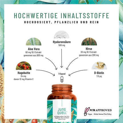 NATURTREU® hialuronskābes kapsulas ar 500 mg augstas devas hialuronskābes ar alveju, biotīnu un C vitamīnu - 90 kapsulas ādai* un locītavām** - dabīgas un vegānas
