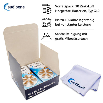 Audibene dzirdes aparātu baterijas, 312. tipa, brūnas, dzirdes aparātu baterijas, 60 gab. iepakojumā, ražotas Vācijā, komplektā BEZMAKSAS tīrīšanas drāna, bezvadu savienojumam apstiprinātas, bez dzīvsudraba