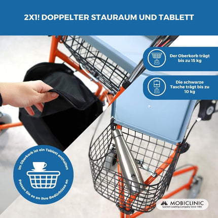 Mobiclinic, Caleta modelis, Rollators, Staigulīši senioriem un cilvēkiem ar invaliditāti, Ar 3 riteņiem, Salokāms staigāšanas palīglīdzeklis, Tērauds, Regulējams, Grozs, Pārnēsāšanas soma, Bremzes uz svirām, Oranžs