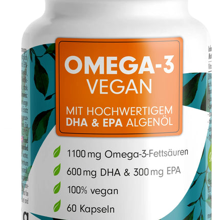 Omega-3 vegānas kapsulas 60x - 2000 mg aļģu eļļas dienā - augsta deva: 600 mg DHA + 300 mg EPA - augstas kvalitātes Omega-3 aļģu eļļas kapsulas ar DHA un EPA (2:1)
