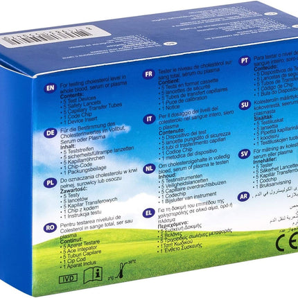 Swiss Point Of Care Mission 3 vienā testa strēmeles un citi mērīšanas piederumi | 5 holesterīna testa strēmeles, ieskaitot 5 pārneses mēģenes, 1 koda mikroshēmu, 1 ierīces ieliktni