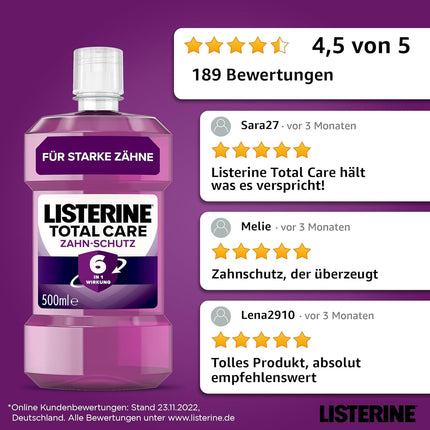 LISTERINE Total Care zobu aizsardzība (500 ml) - Stiftung Warentest testa uzvarētājs, 6 vienā efekts, 24 stundu svaiga elpa, aizsargā pret kariesu un smaganu problēmām, antibakteriāls mutes skalošanas līdzeklis