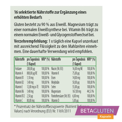Betaglutēns 60 kapsulas | piemērots cilvēkiem ar jutību pret glutēnu, kviešu alerģiju, celiakiju, zemu ogļhidrātu diētu vai FODMAP diētu