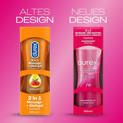 Durex 2-in-1 masāžas gels – uz ūdens bāzes veidots lubrikants jutekliskām mīlestības masāžām – 2 x 200 ml dozatorā (alveja un guarana)