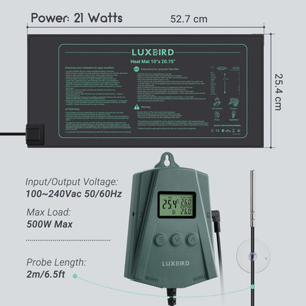 Luxbird apkures paklājiņš ar termostata regulatoru augu un stādu dīgšanai, apkures paklāju komplekts, 2 gabali, 21 W iekštelpu siltumnīcas apkures paklājiņš 10"x20,75", automātiska temperatūras kontrole