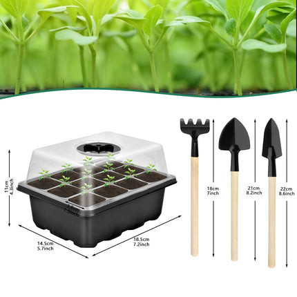 2 daļu iekštelpu siltumnīcu kultivēšanas komplekts, mini siltumnīcu kultivēšanas komplekts, kultivēšanas paplāte ar vāku, plastmasas kultivēšanas paplātes ar 3 maziem dārza instrumentiem, 12 caurumi, ideāli piemērotas sēklu dīgšanai un augu augšanai