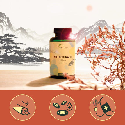 Nattokināzes kapsulas ar augstu devu | 20 000 FU/g | Pagatavots no natto – fermentētām sojas pupiņām | 180 gabali | Laboratorijā pārbaudīts | Vegāns - bez piedevām | Vācu ražojums Vegavero®