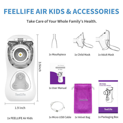 FEELLIFE inhalators bērniem un zīdaiņiem, inhalators pieaugušajiem un bērniem, inhalators bērniem, inhalators ar smidzinātāju, klusāks par 25 dB, pārnēsājams inhalators, efektīvs elpceļu slimību gadījumā