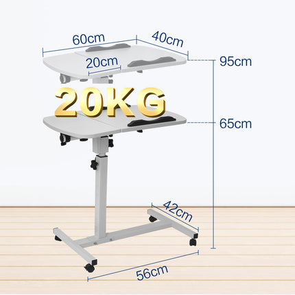 mosegor mobilais sānu galdiņš ar regulējamu augstumu barojošos galdiņu gultai ar 4 ritentiņiem, 60 × 40 cm klēpjdatora galds, rotējošs virsgultas galds viesistabai, guļamistabai, birojam, gultai, dīvānam, maks. 20 kg, balts