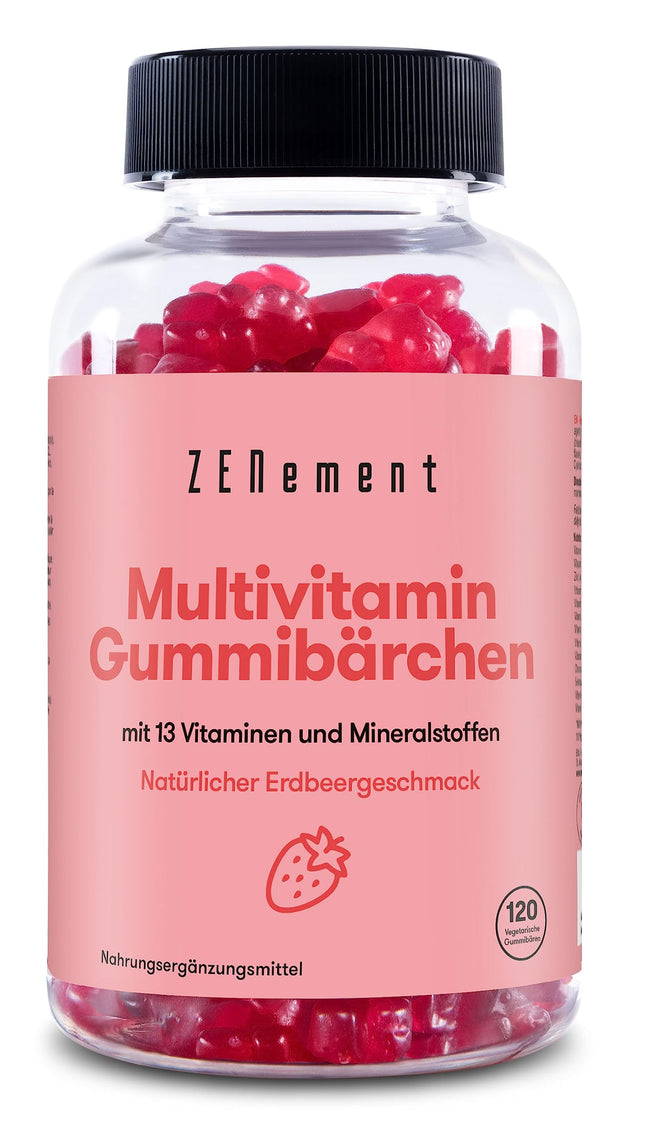 Multivitamīnu želejkonfektes bērniem, 120 gabali | Želejkonfektes ar 13 vitamīniem un minerālvielām (C vitamīns, D3 vitamīns, biotīns, folskābe, cinks un citi) | Ar zemeņu garšu