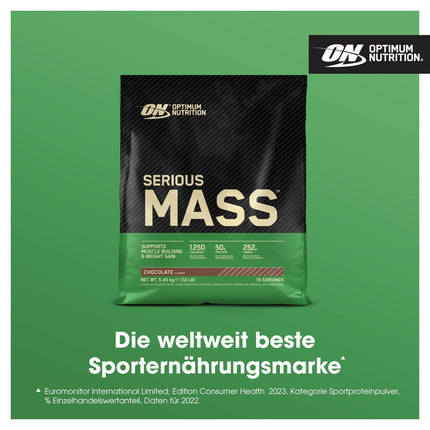 Optimum Nutrition Serious Mass augstas kaloritātes proteīna pulveris masas veidošanai ar 25 vitamīniem un minerālvielām, kreatīna monohidrātu un glutamīnu, šokolādes garšu, 16 porcijas, 5,45 kg