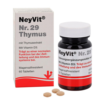 NeyVit Nr. 29 aizkrūtes dziedzeris ar aizkrūtes dziedzera ekstraktu, D vitamīnu un selēnu imūnsistēmas atbalstam, aizsargspēju stiprināšanai un aizkrūtes dziedzera darbības atbalstam - bez glutēna un laktozes - 60 tabletes