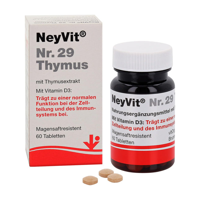 NeyVit Nr. 29 aizkrūtes dziedzeris ar aizkrūtes dziedzera ekstraktu, D vitamīnu un selēnu imūnsistēmas atbalstam, aizsargspēju stiprināšanai un aizkrūtes dziedzera darbības atbalstam - bez glutēna un laktozes - 60 tabletes