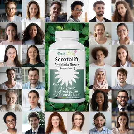 Nord Vital Serotolift - serotonīna un dopamīna prekursori - Rhodiola Rosea, L-triptofāns, L-tirozīns, L-fenilalanīns, hroms, cinks, vitamīni D3, B5, B6, B9 un B12 - vegāns - ražots Vācijā
