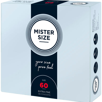 MISTER SIZE prezervatīvi, īpaši mīksti, 60 mm, 36 gab. iepakojumā/īpaši plāni, īpaši smalki, īpaši mitri/izgatavoti no 100% dabīgā lateksa kaučuka L - XL izmērā/dabiskas sajūtas, 36 gab. iepakojumā