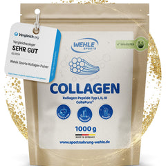 Kolagēna pulveris 1 KG - bioaktīvi kolagēna hidrolizāta peptīdi, proteīna pulveris, bezgaršīgs, Wehle Sports ražots Vācijā. Kolagēna 1., 2. un 3. tipa dzēriens masas palielināšanai 1000 g.