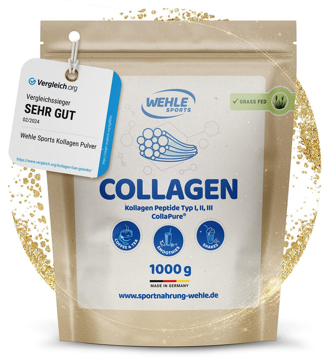 Kolagēna pulveris 1 KG - bioaktīvi kolagēna hidrolizāta peptīdi, proteīna pulveris, bezgaršīgs, Wehle Sports ražots Vācijā. Kolagēna 1., 2. un 3. tipa dzēriens masas palielināšanai 1000 g.
