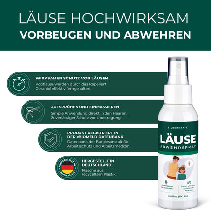 Silberkraft utu atbaidīšanas aerosols 100 ml, bez smaržas utu līdzeklis, piemērots bērniem, galvas utu atbaidīšanas aerosols profilaktisks, galvas utu ilgtermiņa profilaksei (100 ml)
