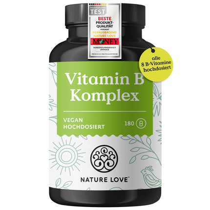 NATURE LOVE® B vitamīnu komplekss – augsta deva: ar 500 µg B12 vitamīna – 180 kapsulas (6 mēnešiem) – visi 8 B vitamīni (B1, B2, B3, B5, B6, B7, B9, B12) – vegāns, laboratorijā pārbaudīts un ražots Vācijā