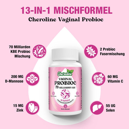 Cheroline vaginālās probiotikas sievietēm, 70 miljardi CFU, 7 celmi ar prebiotiku maisījumu, 13 vienā intīmās floras probiotikas, vegānas kapsulas (60 kapsulas (1 iepakojums))