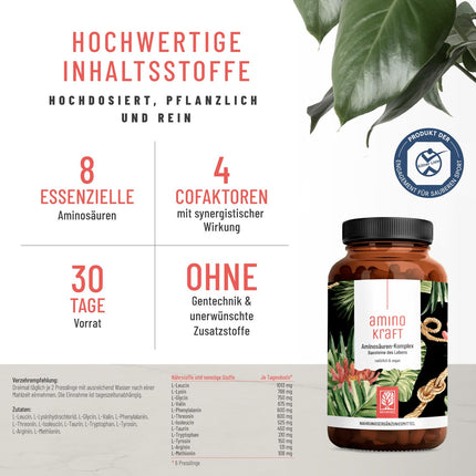 Augstas devas aminoskābju komplekss - 180 vegāniskas aminoskābju tabletes ar 1000 mg katrā dienā ar 12 dažādām aminoskābēm - EAA modeļa tabletes no NATURTREU