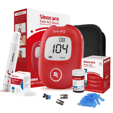 Sinocare asins glikozes mērītājs, mg/dL, asins glikozes mērītāja komplekts ar testa strēmelēm x25, diabēta pašpārbaudes komplekts, pārnēsājams ceļojumiem (Safe AQ smart)